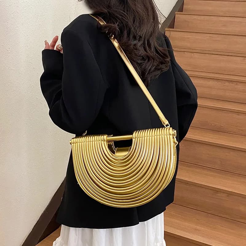 Women's Bags 2025 New luxury design brand in gold Hand woven Noodle Bags Hand woven Corda Tied Half Moon Silver Evening Pouch