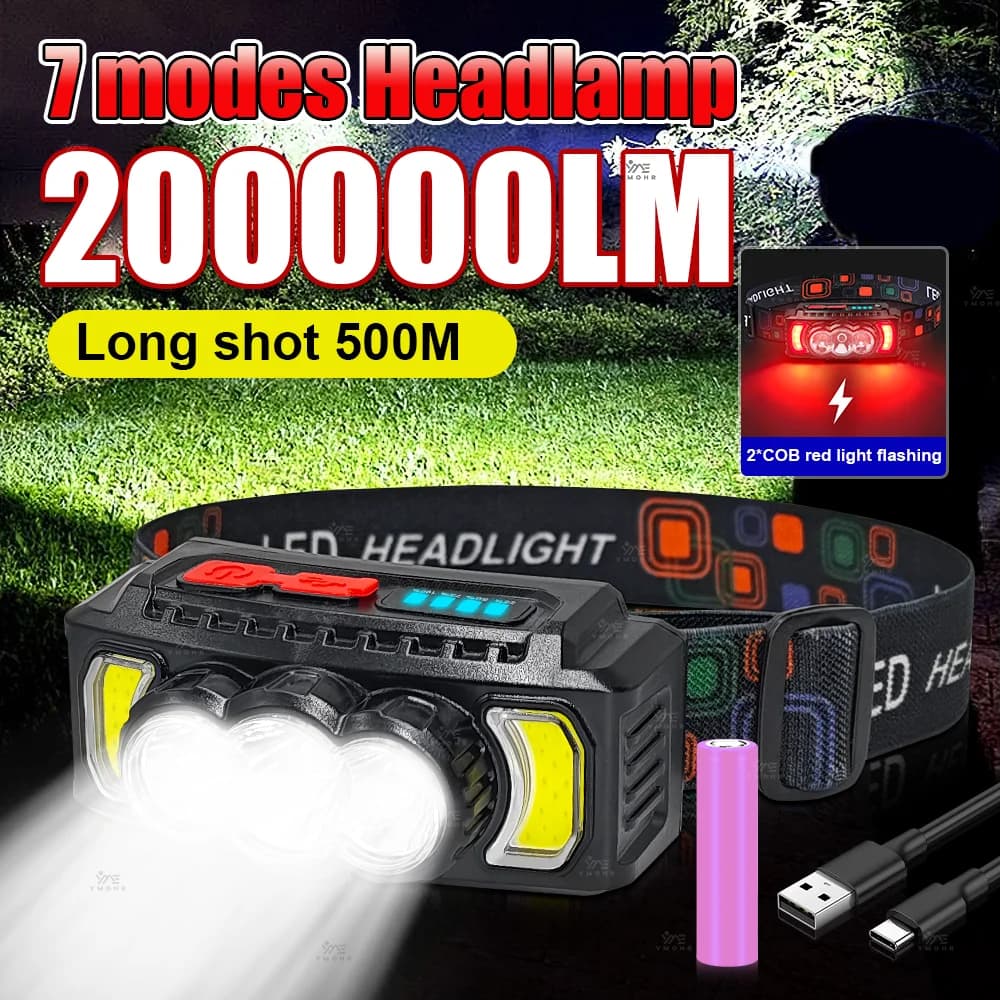 Torcia frontale 200000LM Torcia super potente Torcia LED EDC Luci portatili Lampada ricaricabile USB per escursioni in campeggio all'aperto