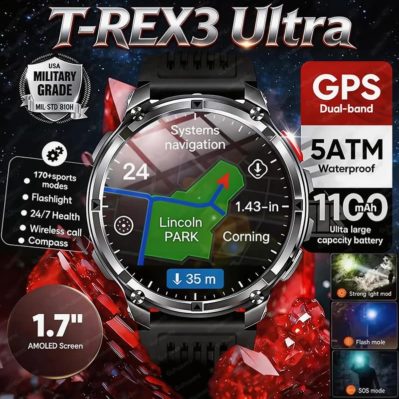 New Smartwatch with 1100mAh Ultra Large Battery, GPS, Compass, Sports Watch for Men, Waterproof 5ATM, Bluetooth Calls, AMOLED HD Display
