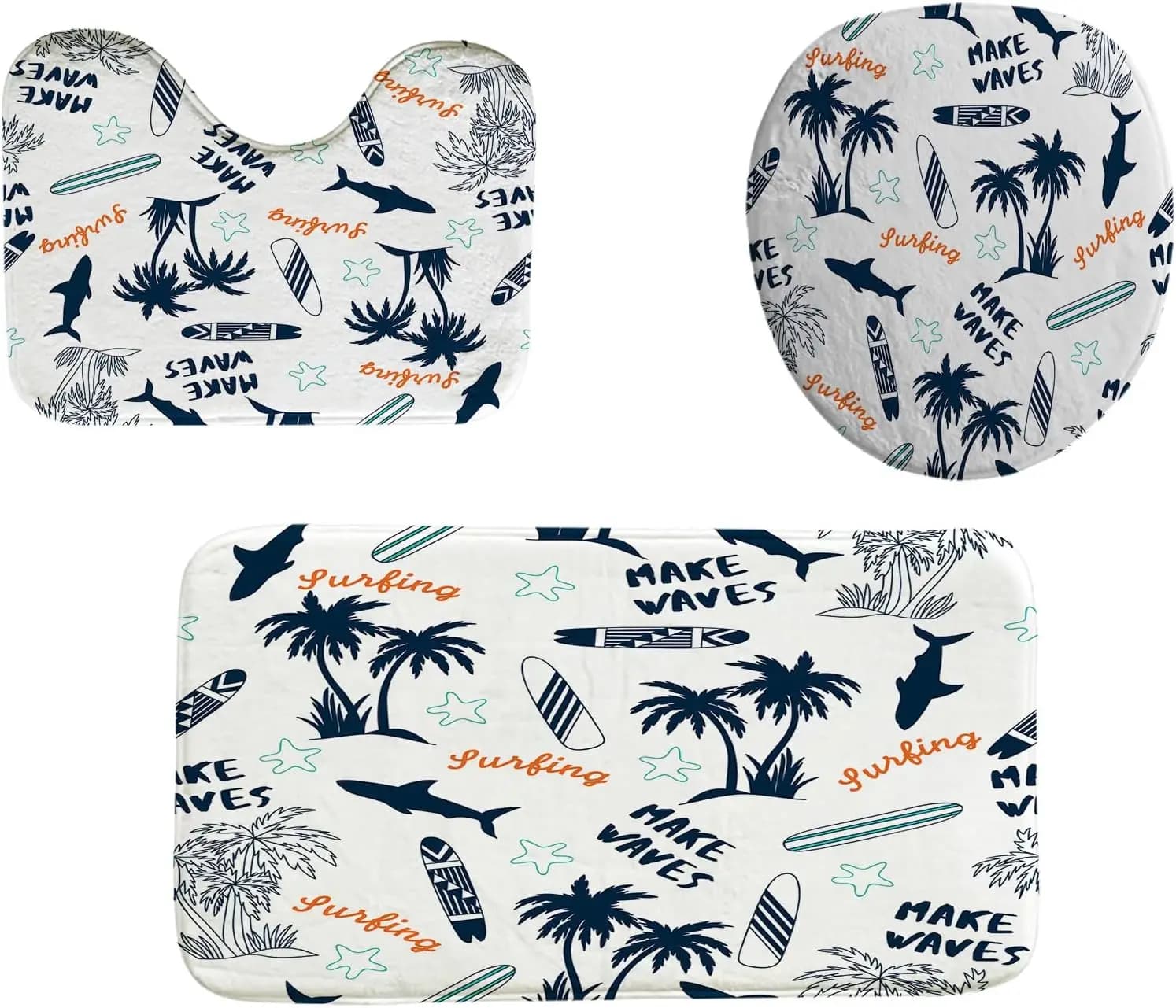 Set tappetino da bagno con stampa estiva da 3 pezzi, tappeto antiscivolo con motivo squalo per tavola da surf ad albero, pavimento assorbente lavabile per bagno, cucina, camera da letto