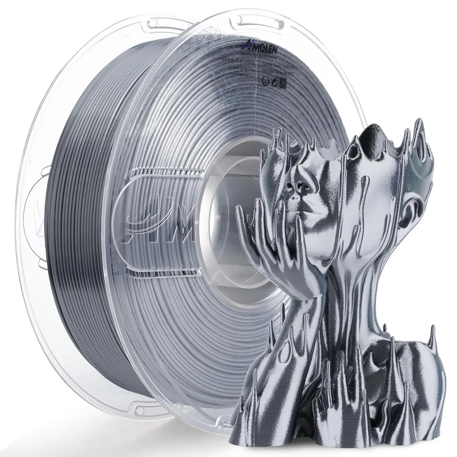 Silk PLA Filament 1.75mm, Shiny Silver Grey, 1kg Spool for 3D Printing, Compatible with Most FDM Printers