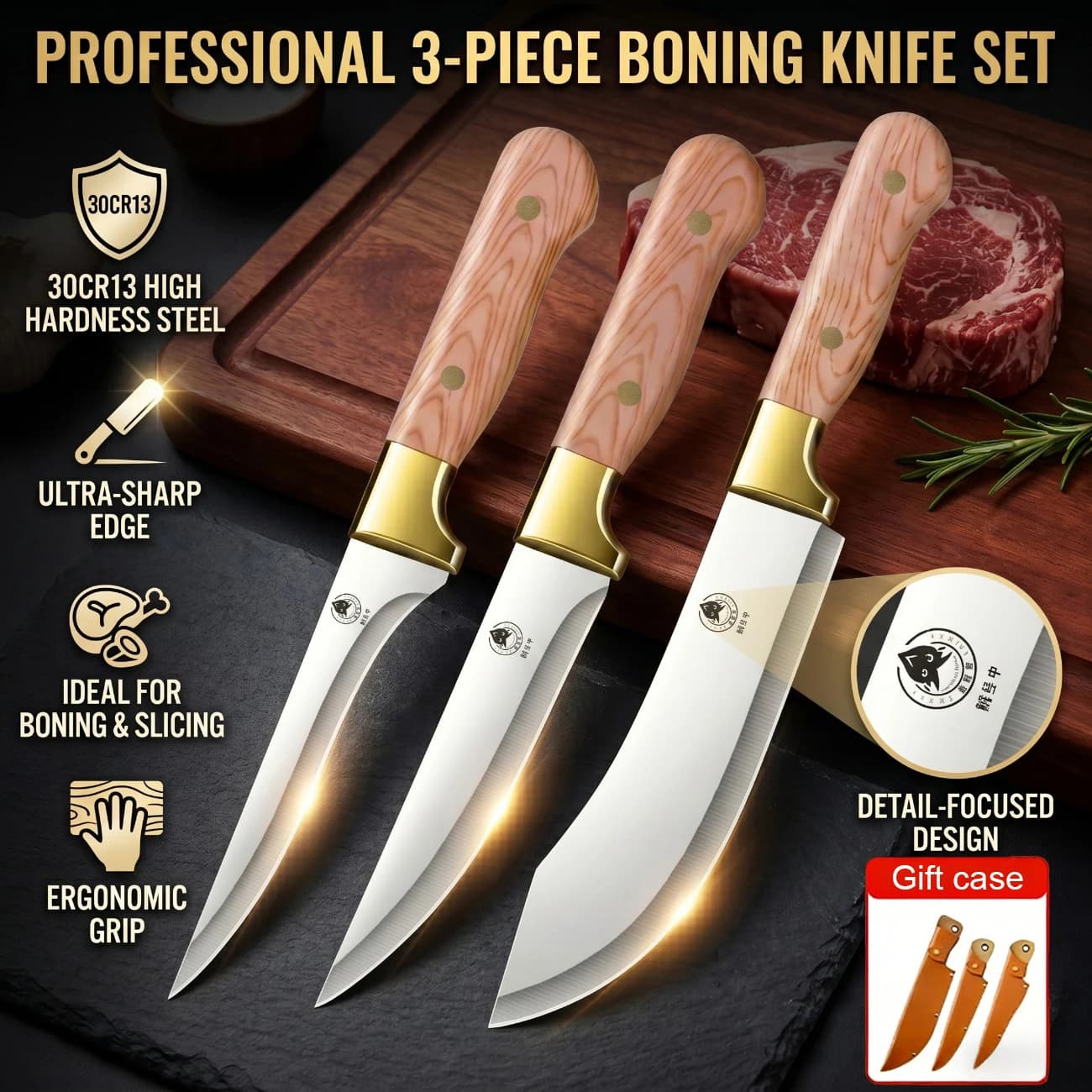 Set professionale di 1/3 coltelli da cucina, adatti per cucina, barbecue, coltello per tagliare e disossare, con fodero.
