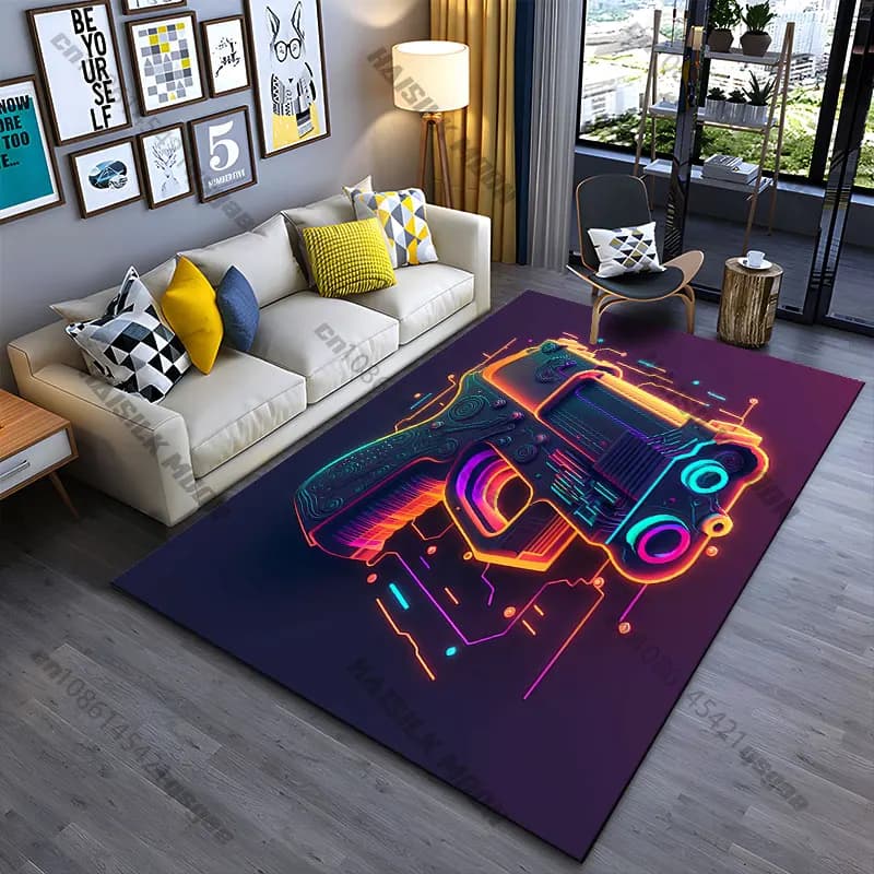 Tappeto futuristico neon cyberpunk a forma di pistola, tappetino da yoga per soggiorno, decorazione per la stanza dei bambini, tappetino per gattonare, zerbino, tappeto per area giochi