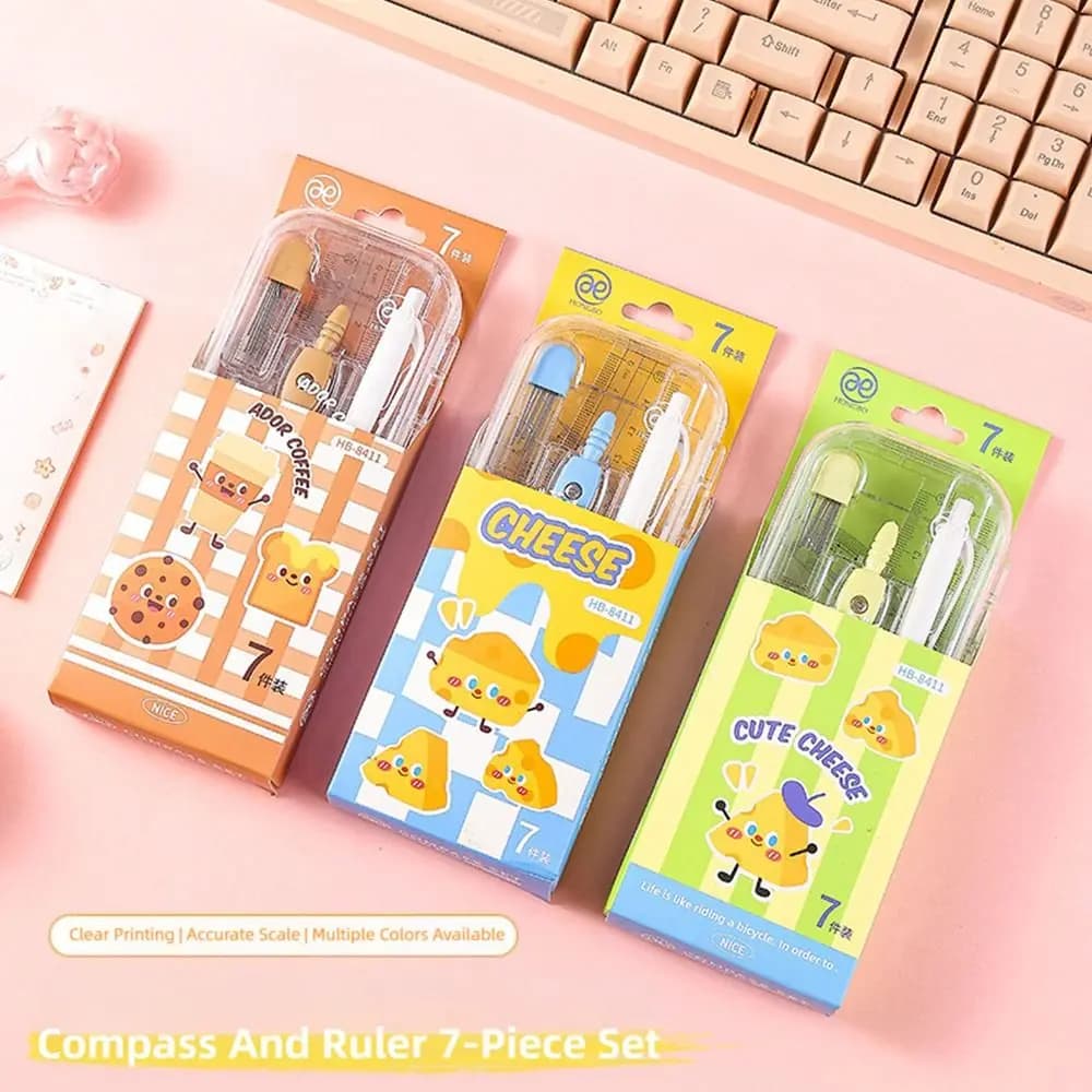 7PCS/Set High Quality Plastic Ruler Compasses Set Straight Ruler Propelling Pencil Protractor Set Square Drawing Tool Gift