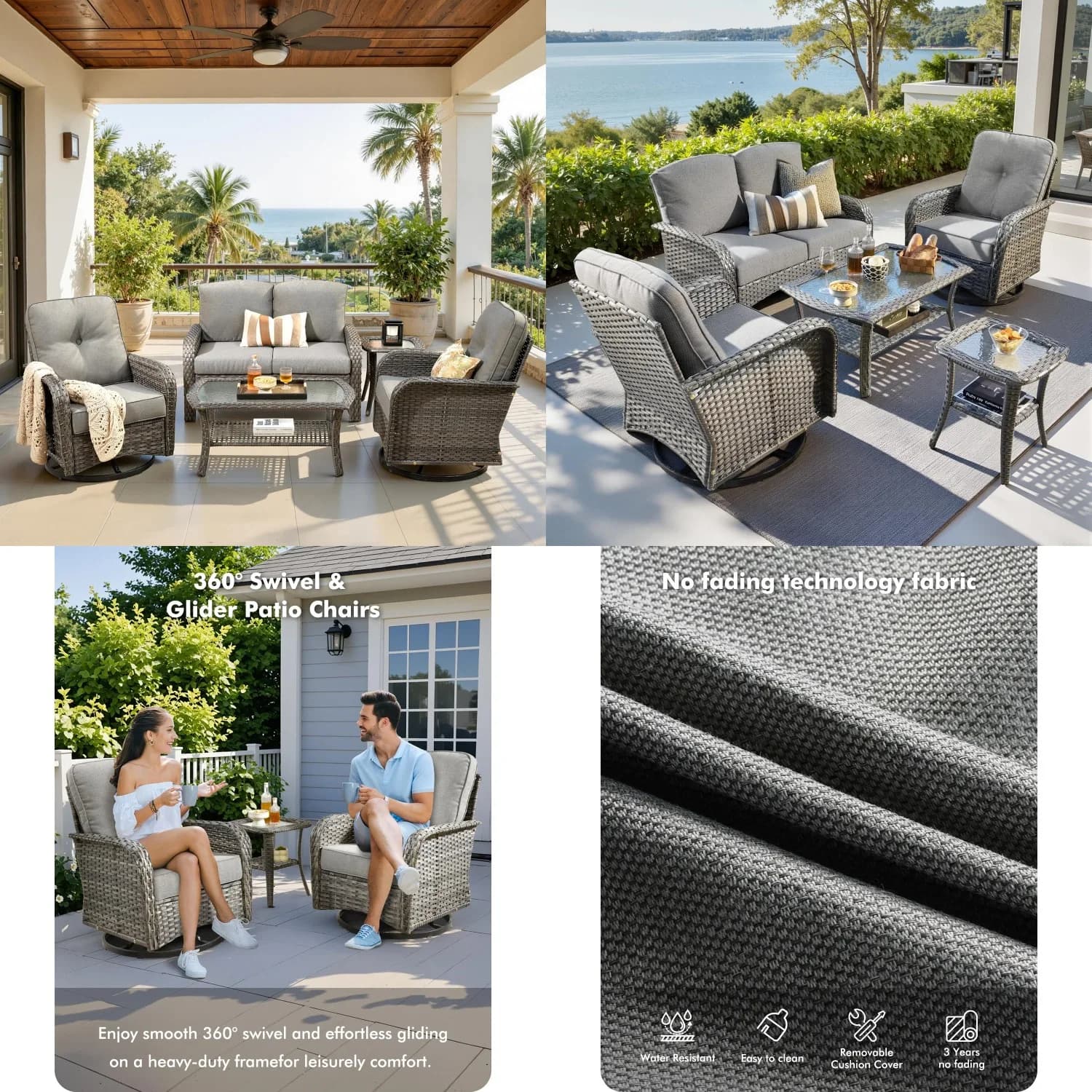 Set da Patio in Rattan 5 Pezzi, Sedie a Dondolo e Tavolino, Cuscini in Vimini Grigio, per Uso Esterno in Giardino, Personalizzabile