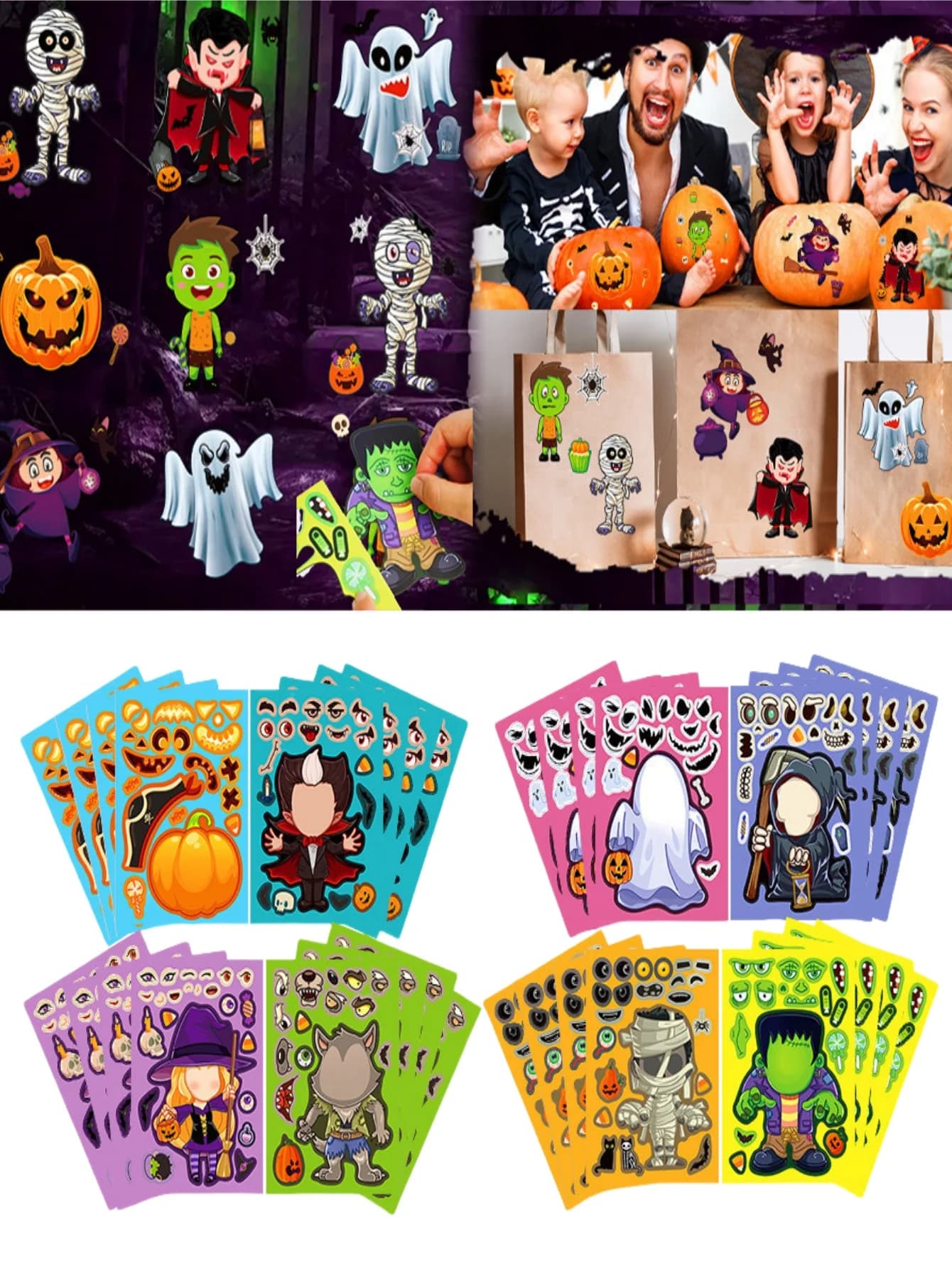 8-48 fogli adesivi di Halloween per realizzare adesivi per il viso adesivo puzzle fai da te adesivi per assemblaggio di faccia di zucca con teschio fantasma di Halloween