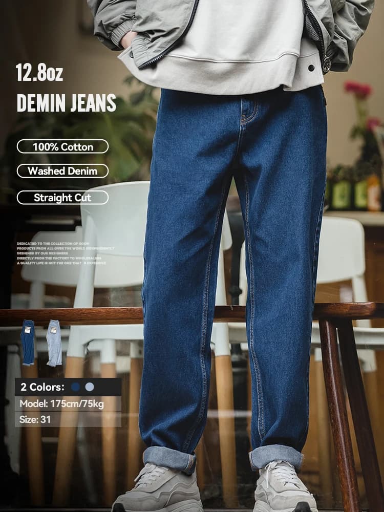 Maden Jeans Vintage in Denim lavato da uomo 12.8 OZ pantaloni dritti blu scuro larghi Casual a gamba larga pantaloni Jeans blu Streetwear maschili
