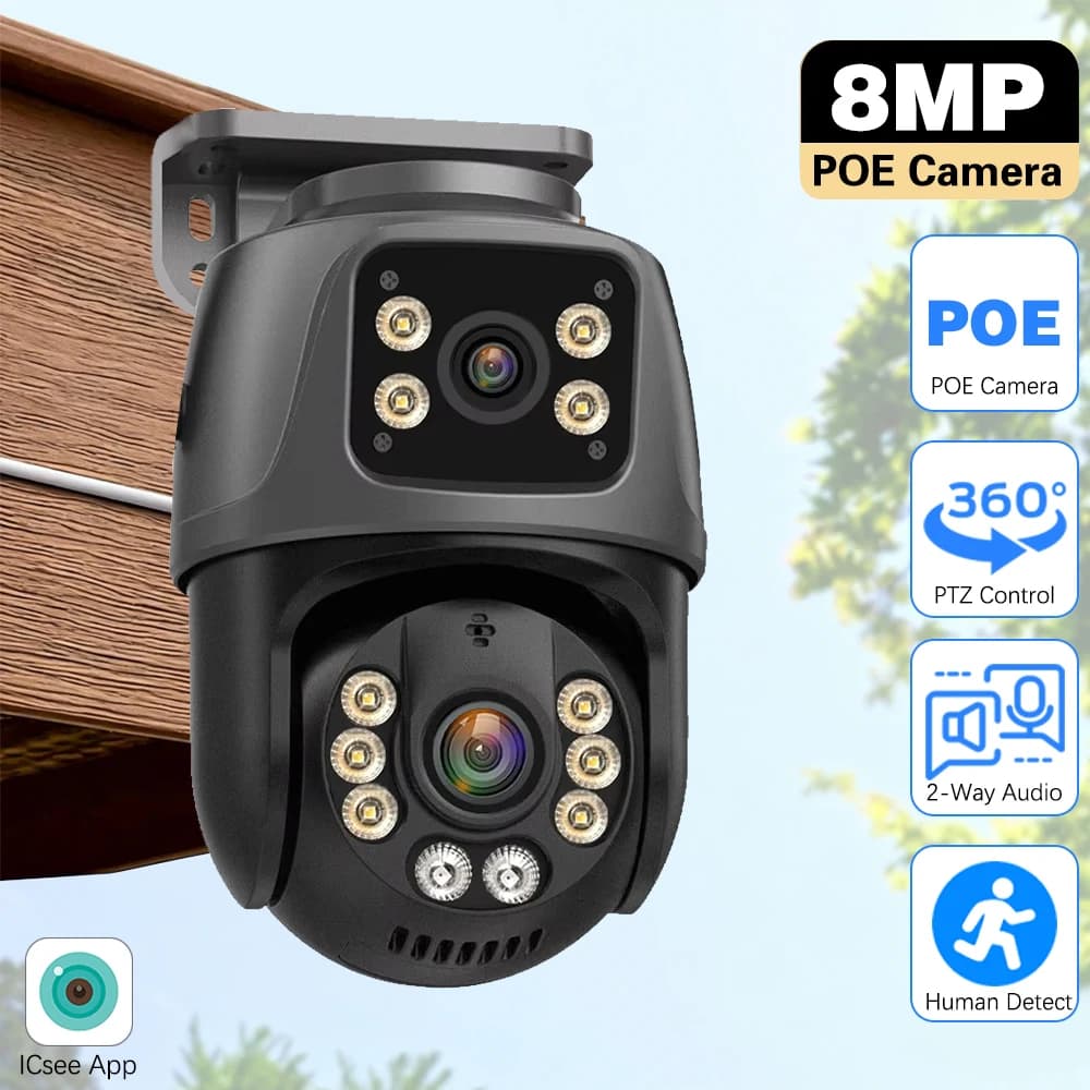 4K 8MP POE PTZ Telecamera IP Esterna Doppia Lente Doppio Schermo Rilevazione di Movimento CCTV Visione Notturna a Colori Video Sorveglianza P2P iCSee App