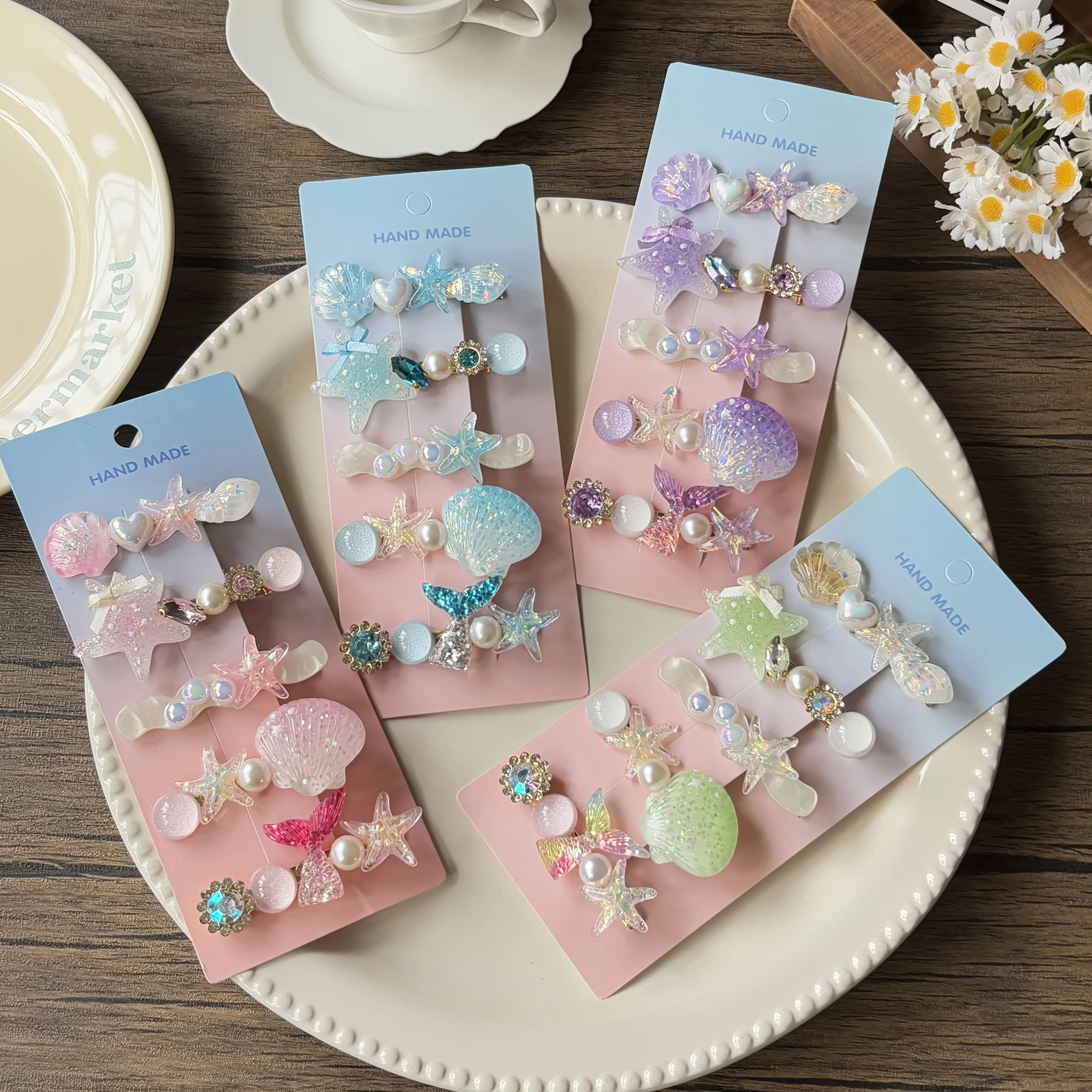 5pcs Candy Color Mermaid Hair Clips Set - Shimmery Seashell & Starfish Barrettes, Cute Side Snap Clips for Girls