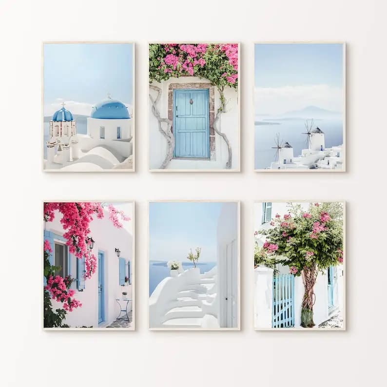 Set di 6 Quadri su Tela Stile Boho Santorini, Arte Murale Mediterranea Costiera Senza Cornice per Arredamento Soggiorno