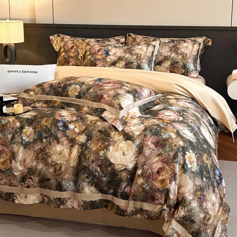600TC Cotone egiziano Vintage Pittura a olio Stile Fiori Stampa Set biancheria da letto Copripiumino Lenzuolo piatto/con angoli Federe 4 pezzi