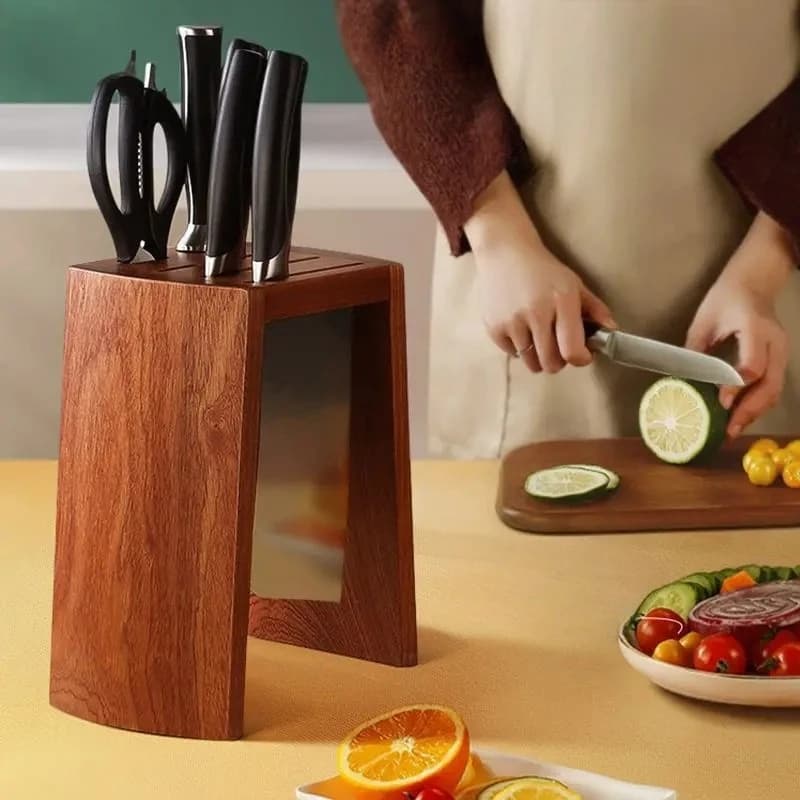 Solid wood knife holder - 3 in 1 support organizer for chef knives and utensils, professional kitchen storage system