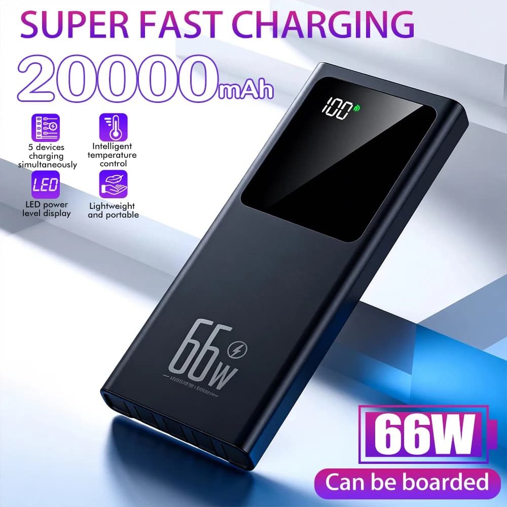20000mAh 66W Super Fast Charging Portable Power Bank Digital LCD Power Indicator Multi Ports Output External Charger Safe Protection Powerbank For Travel Camping