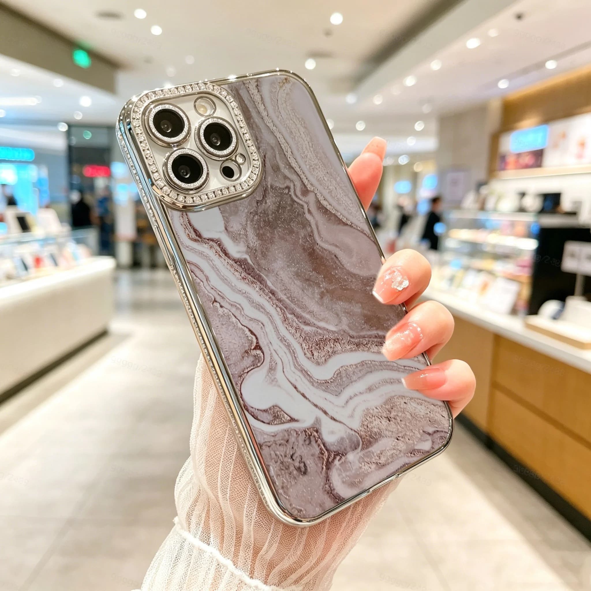 Diamond Electroplated TPU Phone Case for iPhone, Marble Style Phone Case, Elegant Swirl Pattern With Rhinestone Camera Frame , Luxury Glitter Rhinestone Frame, Built-in Lens Protector, Anti-Slip Shockproof Clear Cover
