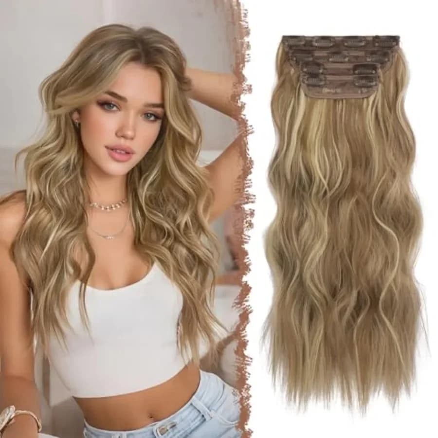 Clip in Hair Extensions - 4 PCS Long Wavy Thick Clip in Hairpieces Full Head Natural Soft Synthetic Hair Extension for Women, B