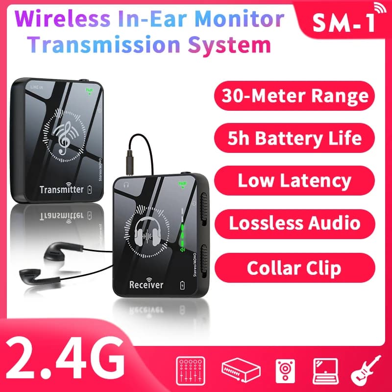 JAMJUM Monitor In-Ear Wireless – Set Trasmettitore/Ricevitore Ricaricabile 2.4G – Perfetto per Studio, Prove e Palcoscenico
