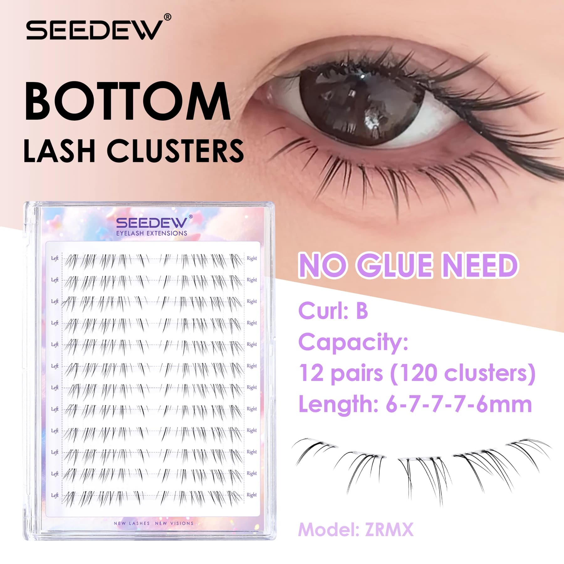 SEEDEW No Glue Bottom Lash Clusters Self‑Adhesive Lower Eyelashes B Curl 6‑7mm Natural False Under Lashes For Daily Makeup