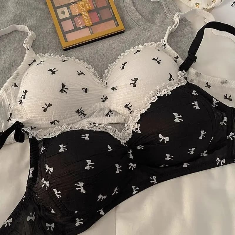 Sweet Bow Tie Underwear, Women's Small Bust, No Steel Ring, Lace Bubble, Japanese Style Anti-sagging, Thin and Breathable Bra
