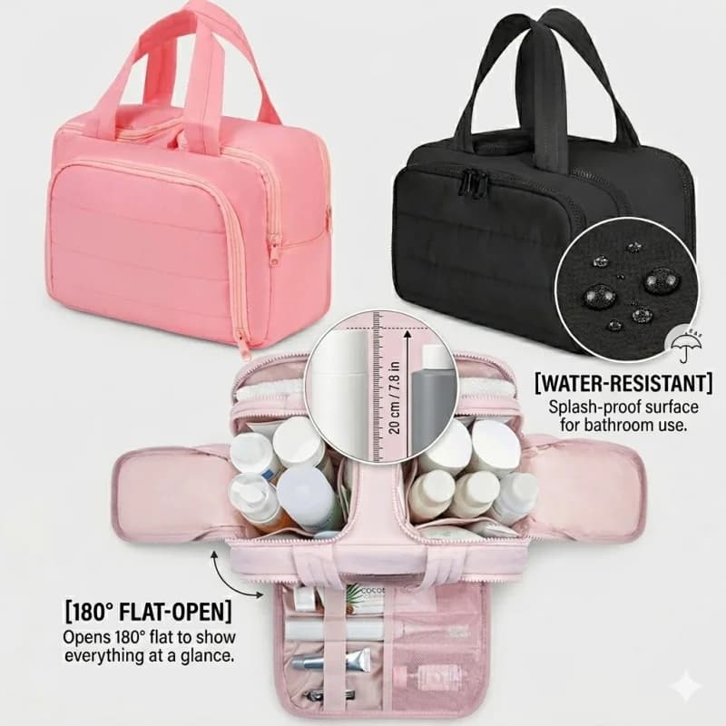 Grande Borsa da Viaggio per Trucchi 180 ° Organizer per articoli da toeletta con ampia apertura, custodia cosmetica imbottita resistente all'acqua con maniglia per flaconi di grandi dimensioni