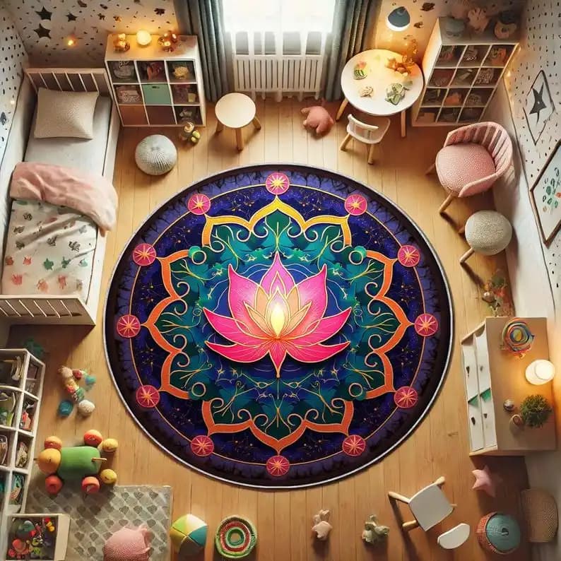 Round carpet with purple pink lotus, Boho meditation mat for yoga room, carpet with spiritual flowers for Zen decorations, circular mat