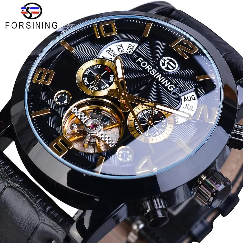 Forsining Top Brand Luxury Tourbillion orologi meccanici automatici da uomo Fashion Wave Black Golden Clock Display multifunzione
