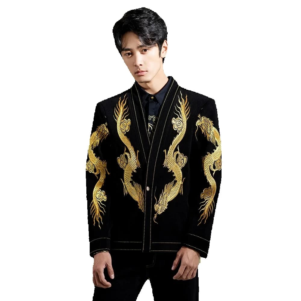 Men's jacket with golden dragon embroidered in Chinese style Silm Fit Prtformance Party Banquet Outwear