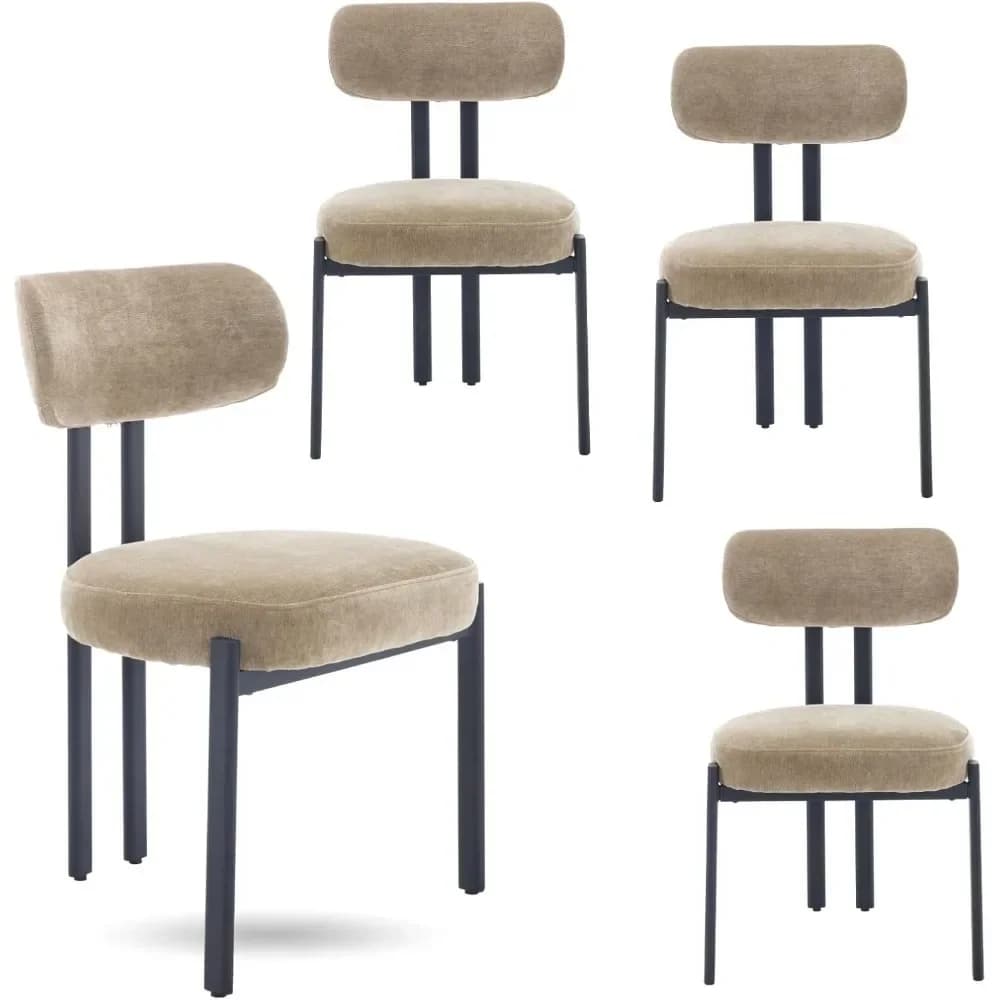 Set di 4 sedie da pranzo in ciniglia, sedie moderne da sala da pranzo con schienale curvo imbottito e gambe in metallo nero, color kaki