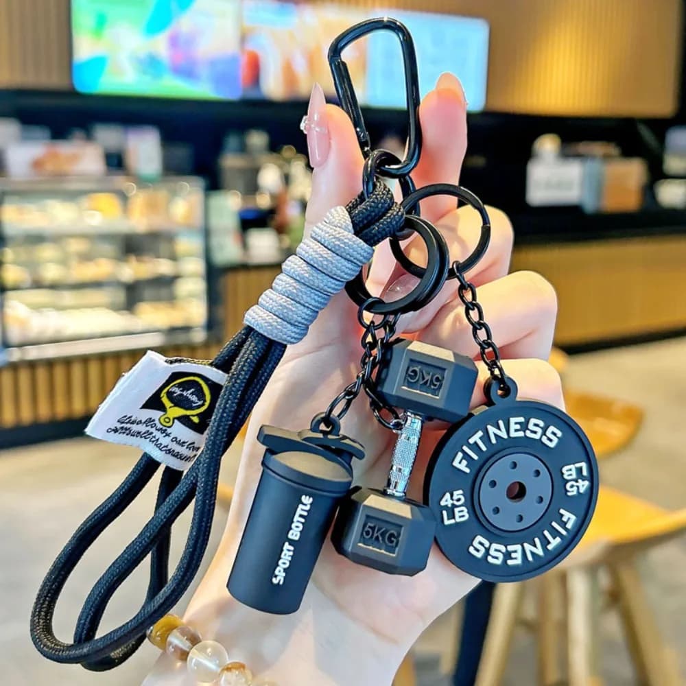 Keyring with Dopamine barbell, Kettlebell and simulated INS handlebars, Creative pendant for Fitness series bag
