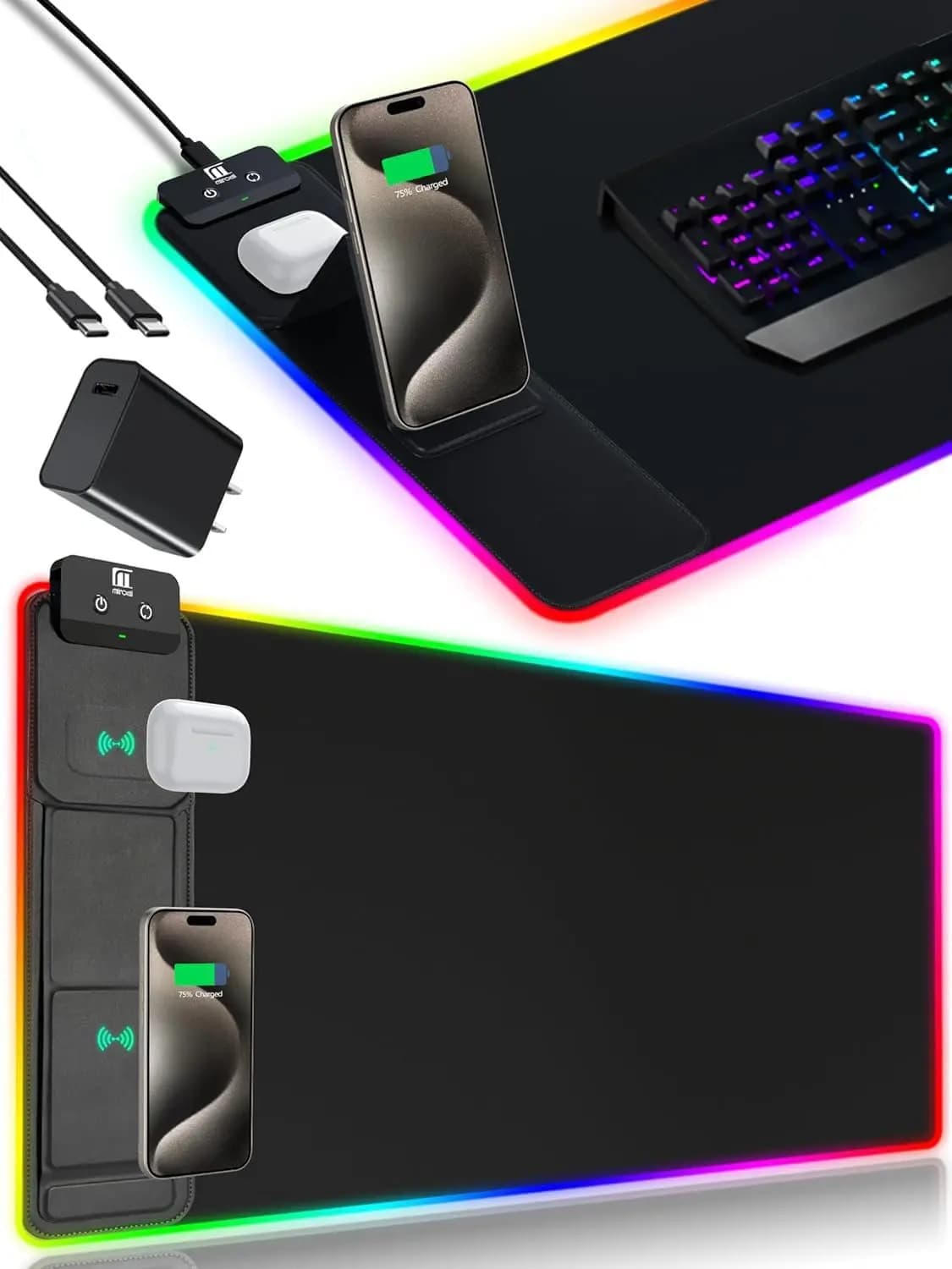Gaming XXL Mouse Carpet with Phone Folder, RGB LED Desk Mat, Quick Charging 15W, Waterproof Black Non-slip