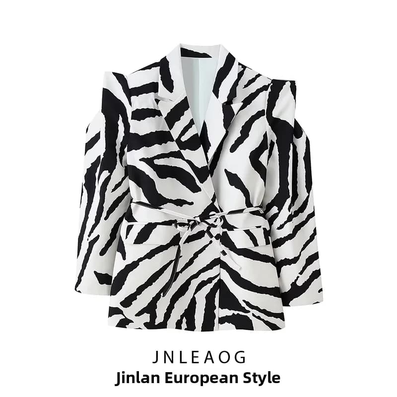 Fashionable Zebra Stripe Wide Shoulder Suit Jacket Women's Spring New Style Waist Cinched Belted Outerwear Long Sleeve Polyester