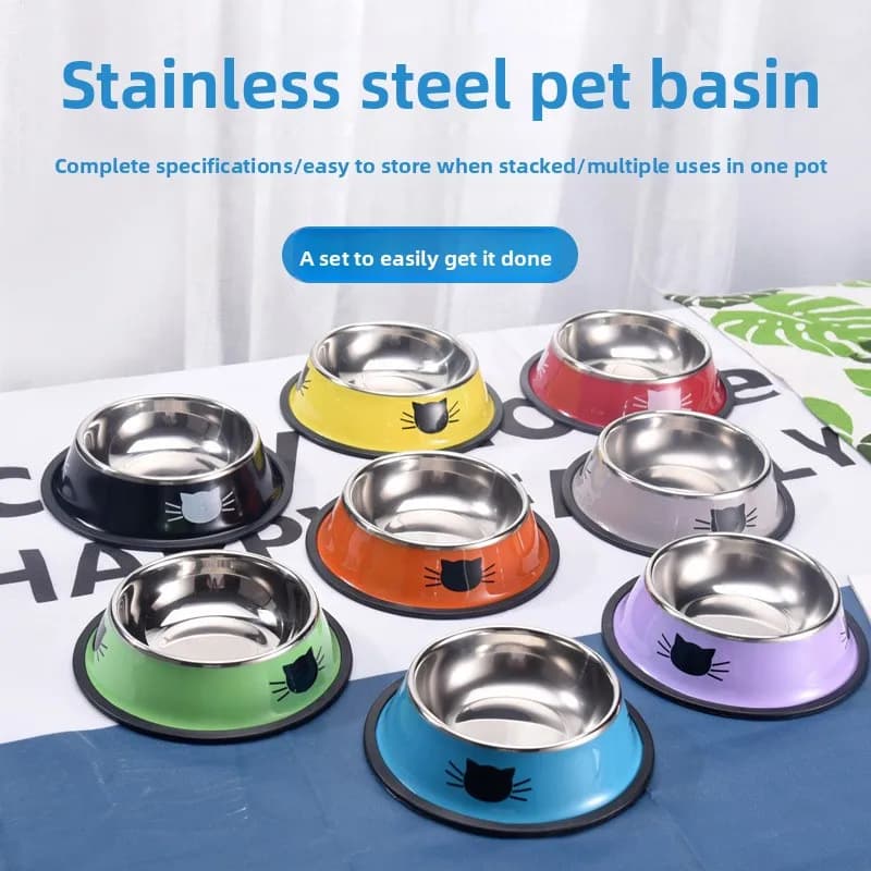 Ciotola per animali domestici in acciaio inossidabile con stampa a forma di gatto, ciotola per cani in acciaio colorato, antiscivolo e antiurto, in acciaio inossidabile per cibo per cani