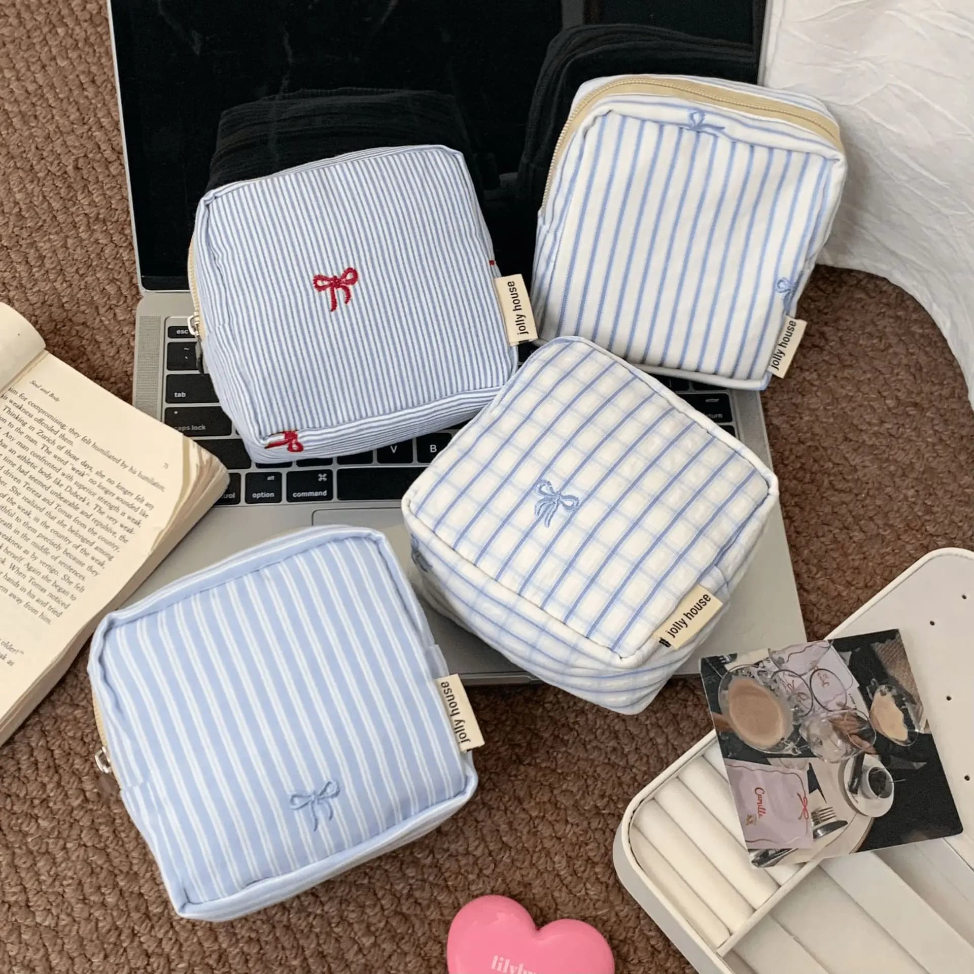 Semplice borsa a righe, borsa portaoggetti portatile e carina per sciarpe mestruali, rossetto portatile e borsa per il trucco, portafoglio