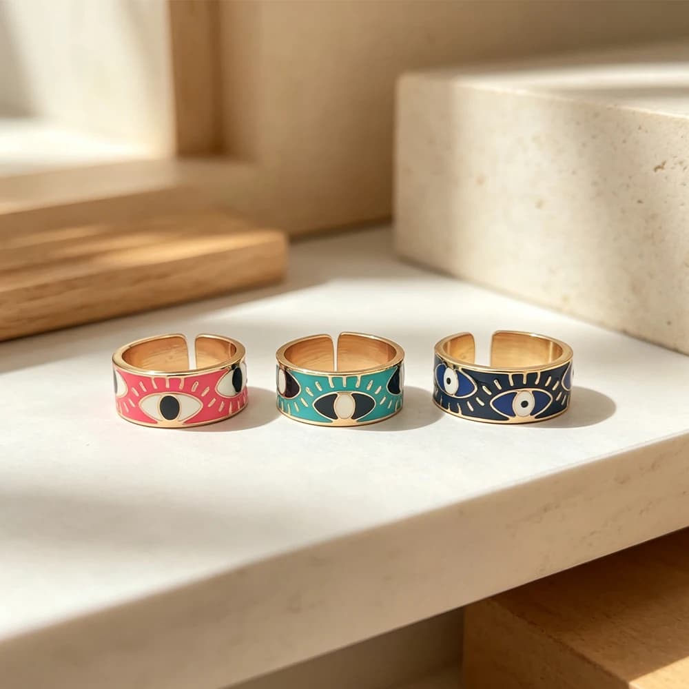 Colorful Enamel Devil's Eye Wide Open Ring Three-Piece Set Pink, Green, and Black Adjustable Women's Decorative Ring Set