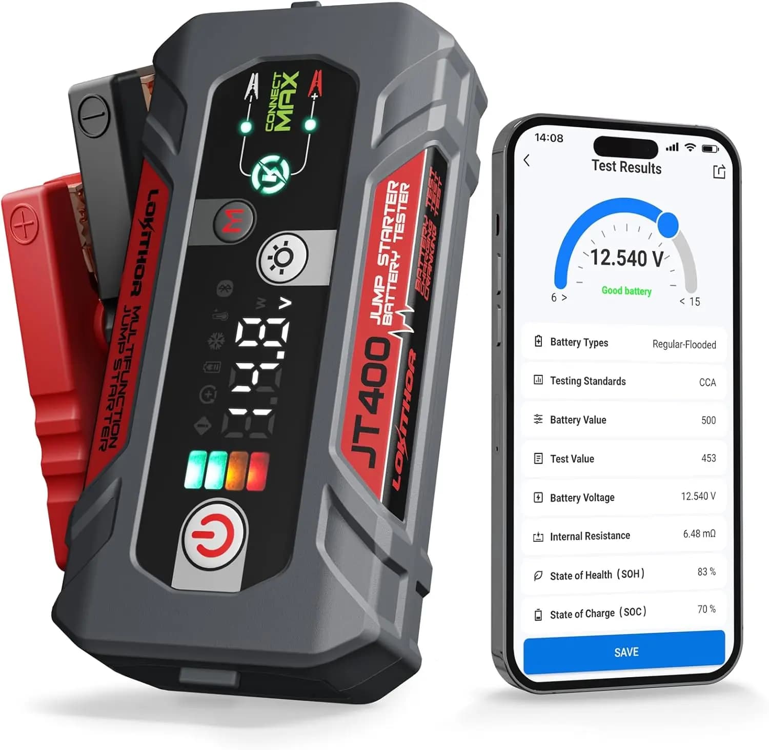 Avviatore di Emergenza Portatile JT400 2500A con Tester Batteria 100-2000 CCA, Avviatore per Batterie Auto 12V per Motori a Benzina fino a 8.5L o 6.5L