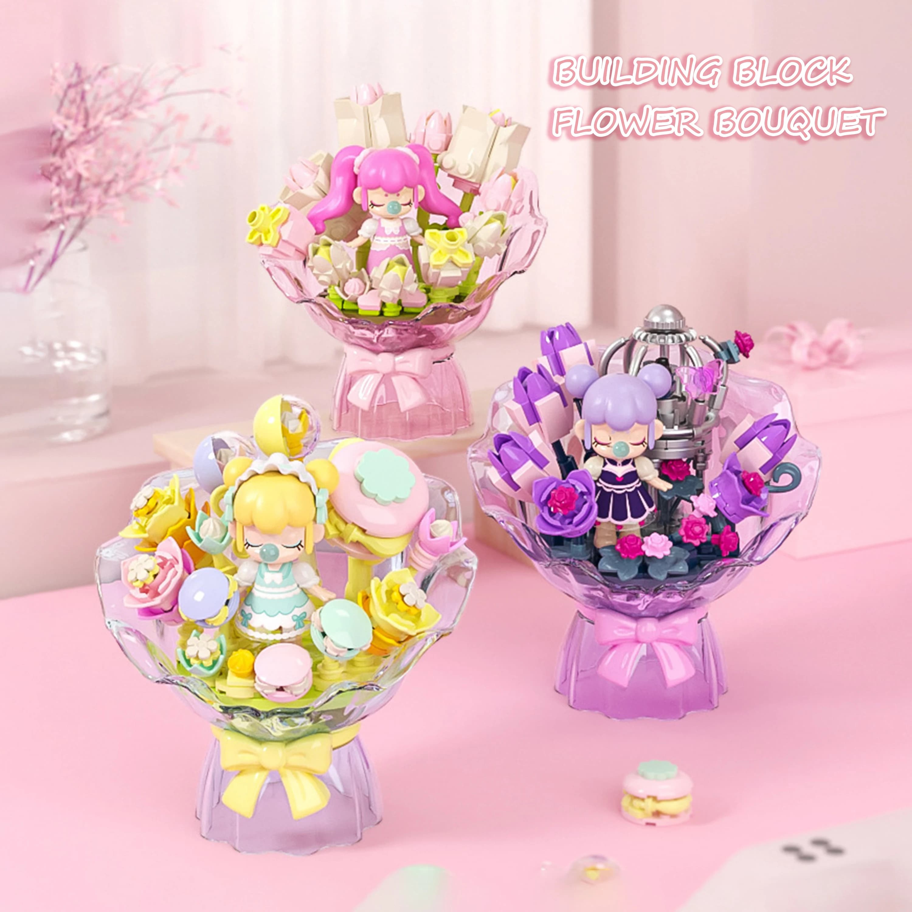Nanci Bouquet di fiori Building Blocks Rosa viola Mattoni floreali Modello di assemblaggio creativo fai-da-te Decorazioni per il desktop Regalo per ragazze