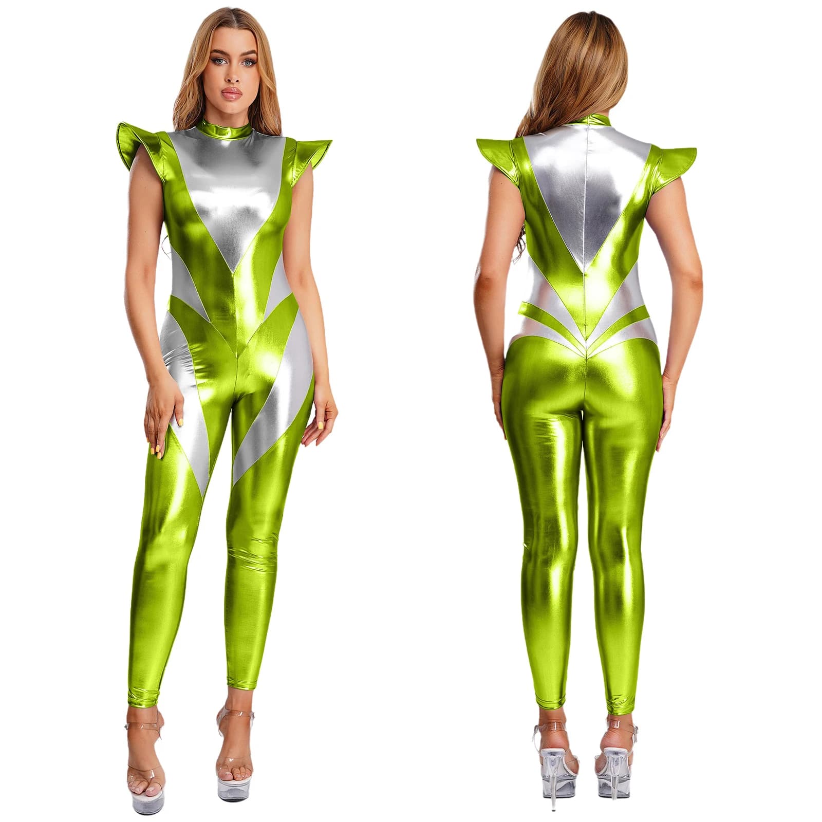 Women Alien Astronaut Full Unitard Jumpsuits Cosplay Costume for Spaced Themed Party Fly Sleeve Leggings Pants Metallic Jumpsuit
