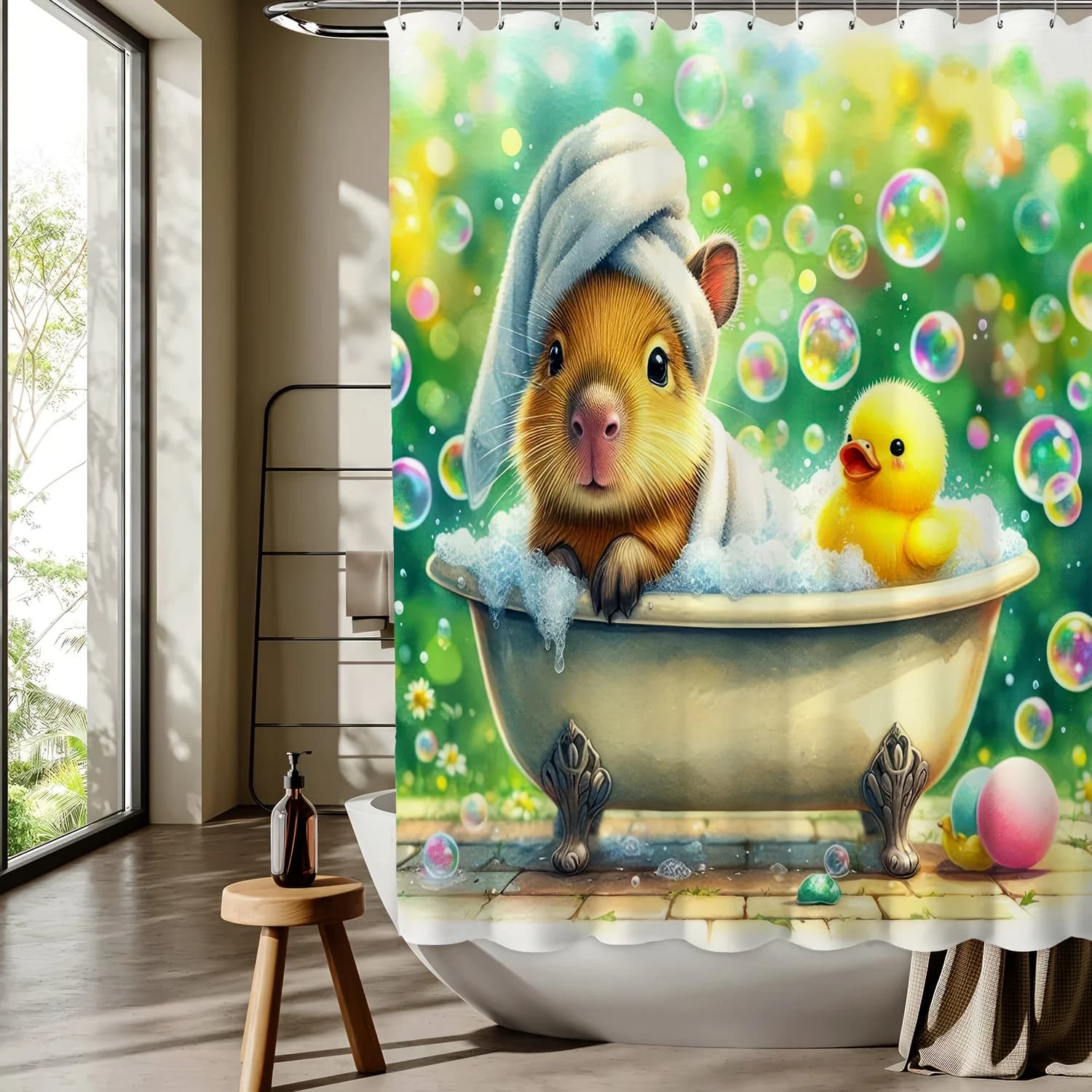 Tenda da doccia con stampa digitale con motivo cartoon Capybara - Lavabile in lavatrice, poliestere reversibile, arredamento per bagno/casa per tutte le stagioni