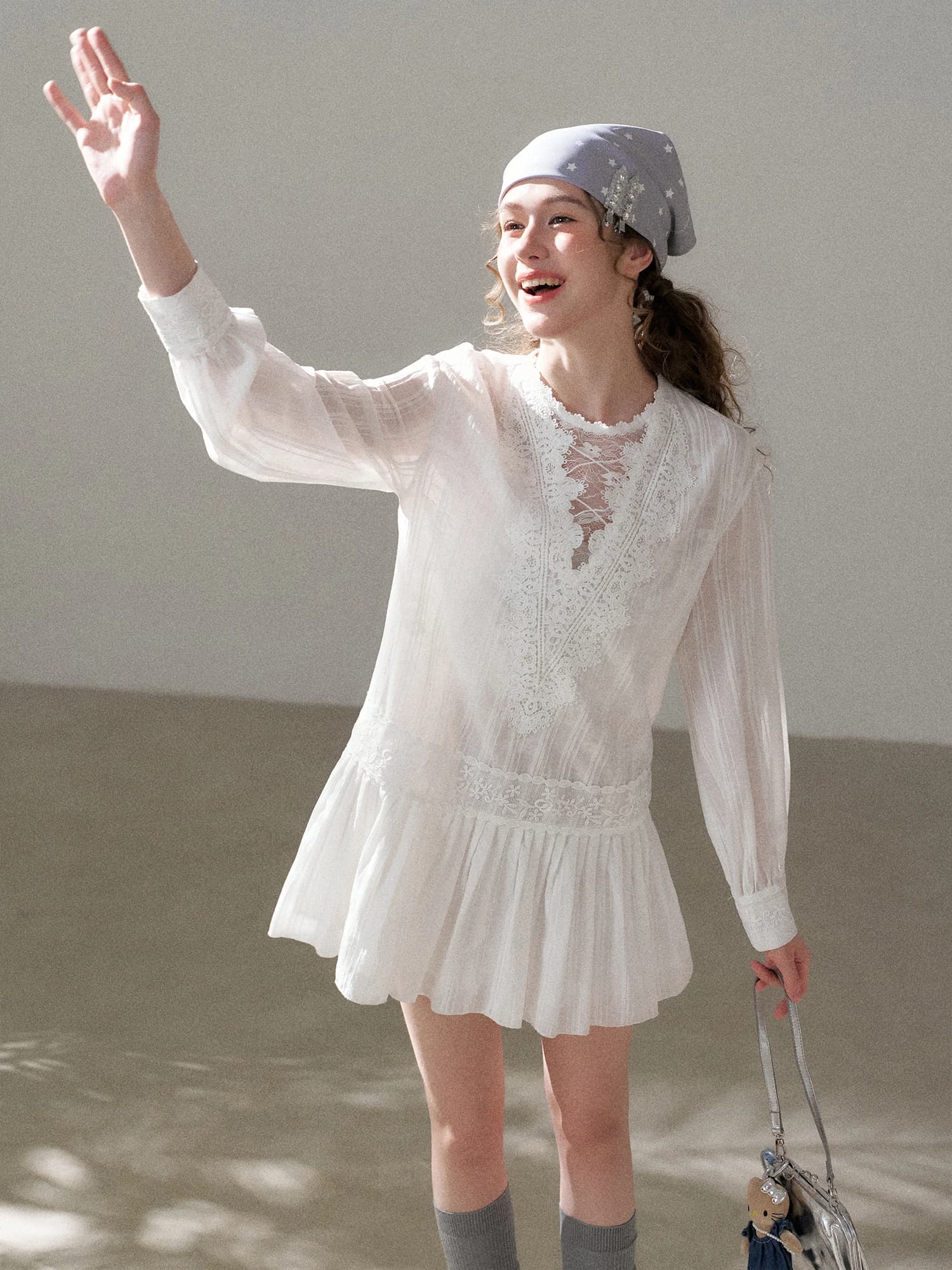Sweet White Lace Splice Long Sleeve Women's Dress Spring New Style Gentle Design Sense A-Line Skirt Casual Cotton Dress