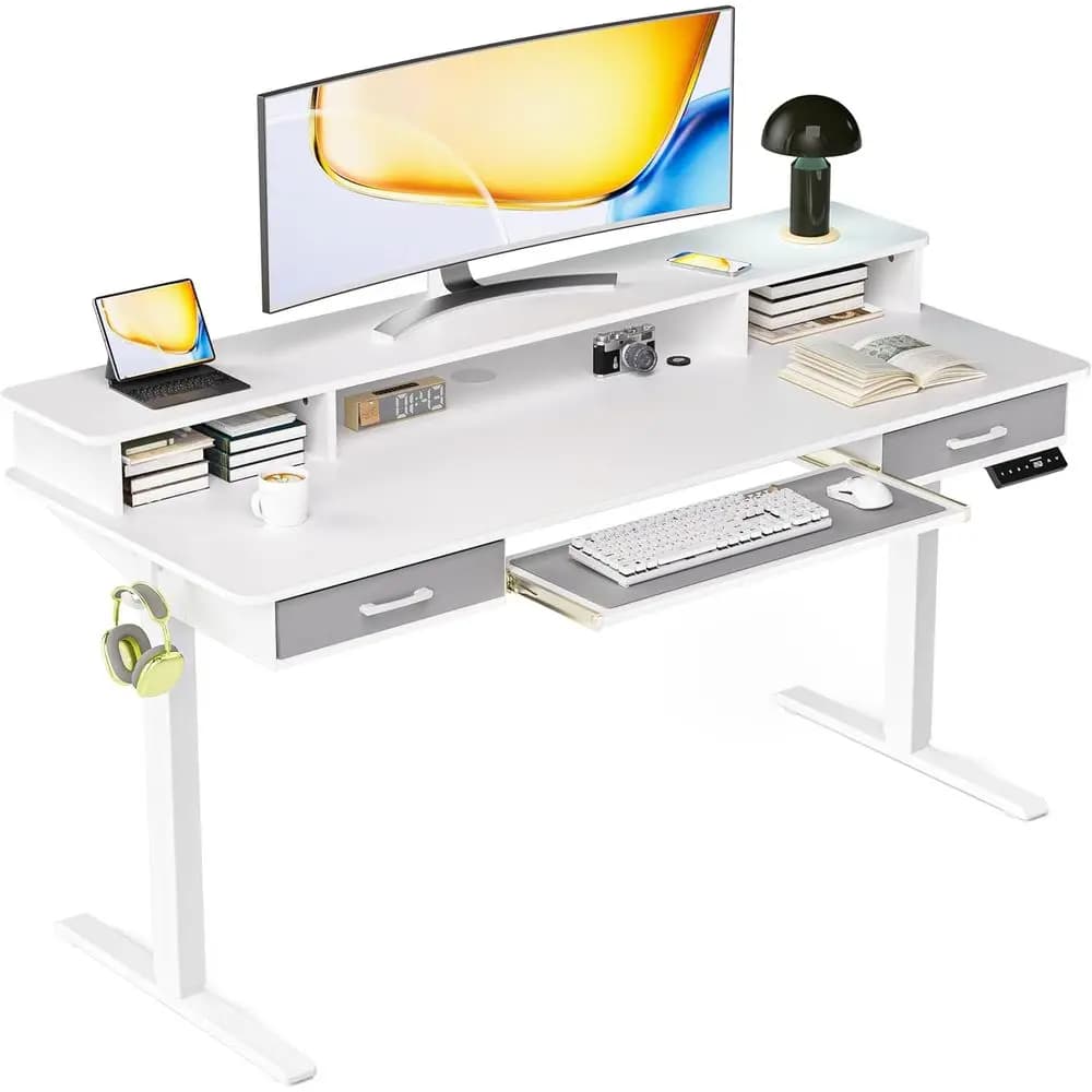 Scrivania regolabile in altezza 63x24 con spazio di archiviazione e supporto per monitor, scrivania ergonomica bianca