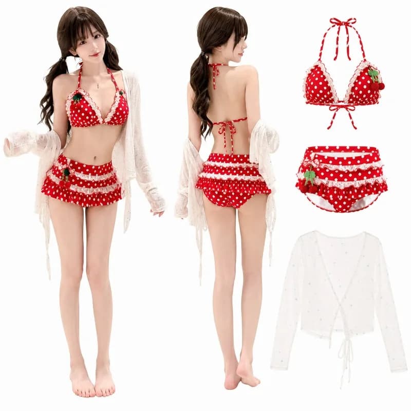 Set Bikini a Pois con Ciliegie, Costume da Bagno da Donna con Pizzo e Volant, Grazioso Fiocco, per l'Estate e la Spiaggia, Lingerie, Biquini