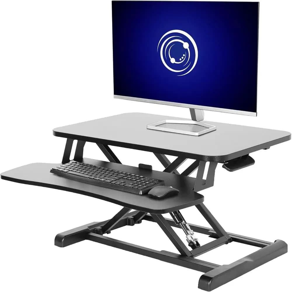 Supporto per due monitor regolabile in altezza con vassoio per laptop e tastiera, nero