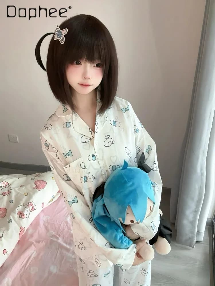 Original Sweet Cute Girl Cartoon Print Pullover Short-sleeved Short Pants Two-piece Set Loose-fitting Casual Women's Homewear