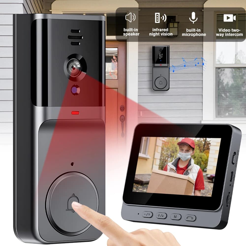 Videocitofono senza fili Campanello Visione notturna HD Schermo da 4,3 pollici Videocamera per campanello visivo impermeabile Video intelligente tramite campanello di sicurezza