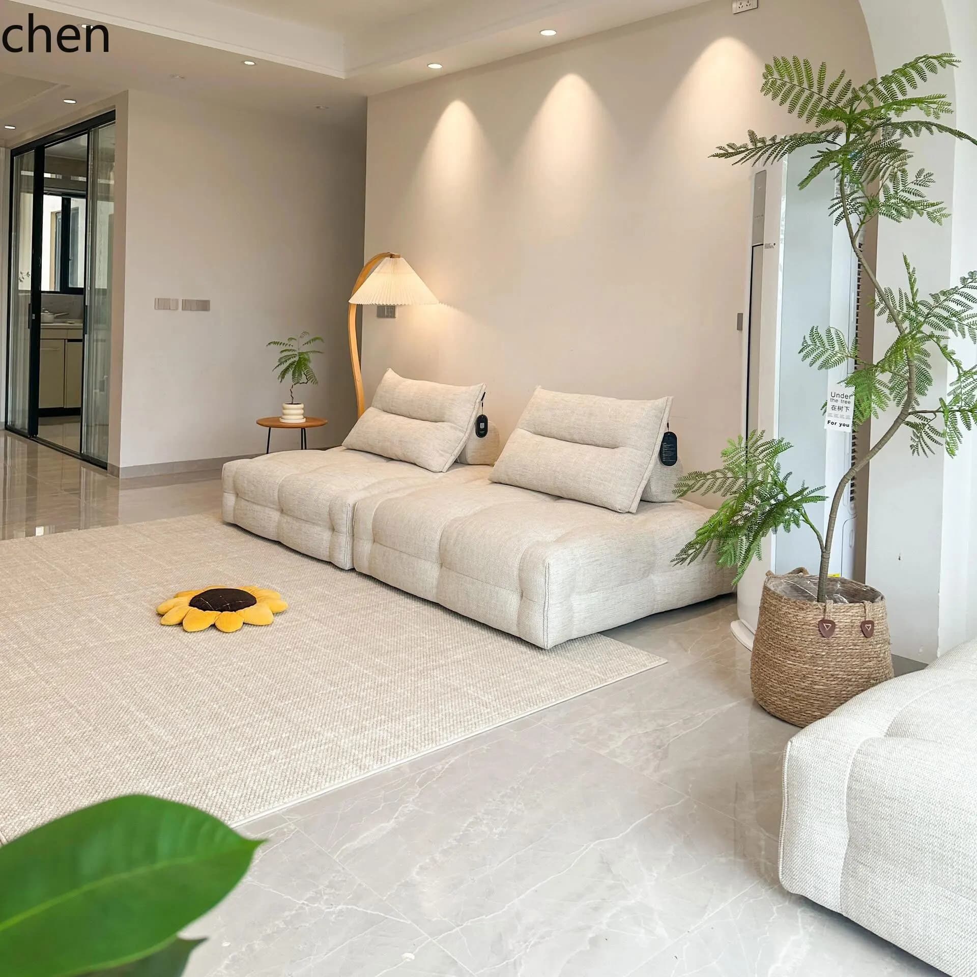 vacuum compression simple fabric cotton and linen beige wabi style module combination tofu block sofa