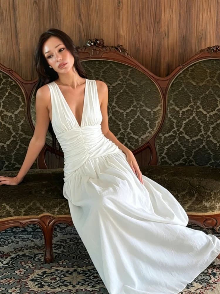 Elegante Abito da Sera Lungo con Scollo a V Senza Maniche e Vita Alta, Bianco e Nero, Vestito Estivo da Donna con Arricciature e Linea ad A per Vacanze e Feste