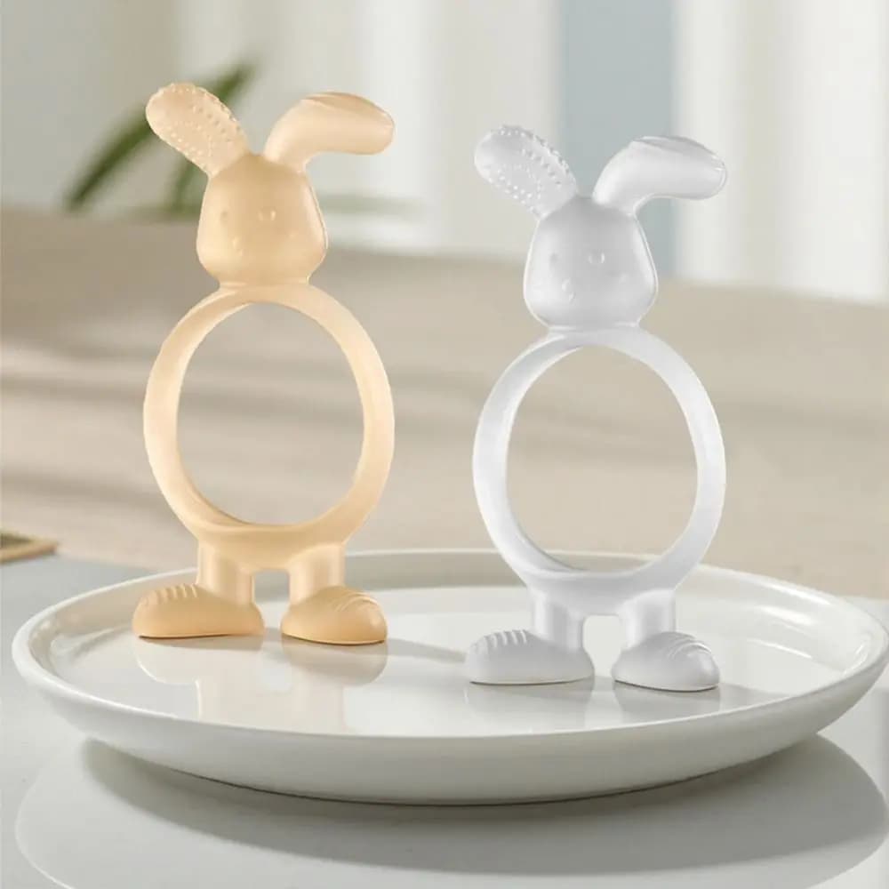 Guanti per massaggiagengive in silicone con coniglio carino, lavabili, portatili, per bambini, per allenamento per la dentizione, con impugnatura per massaggiagengive