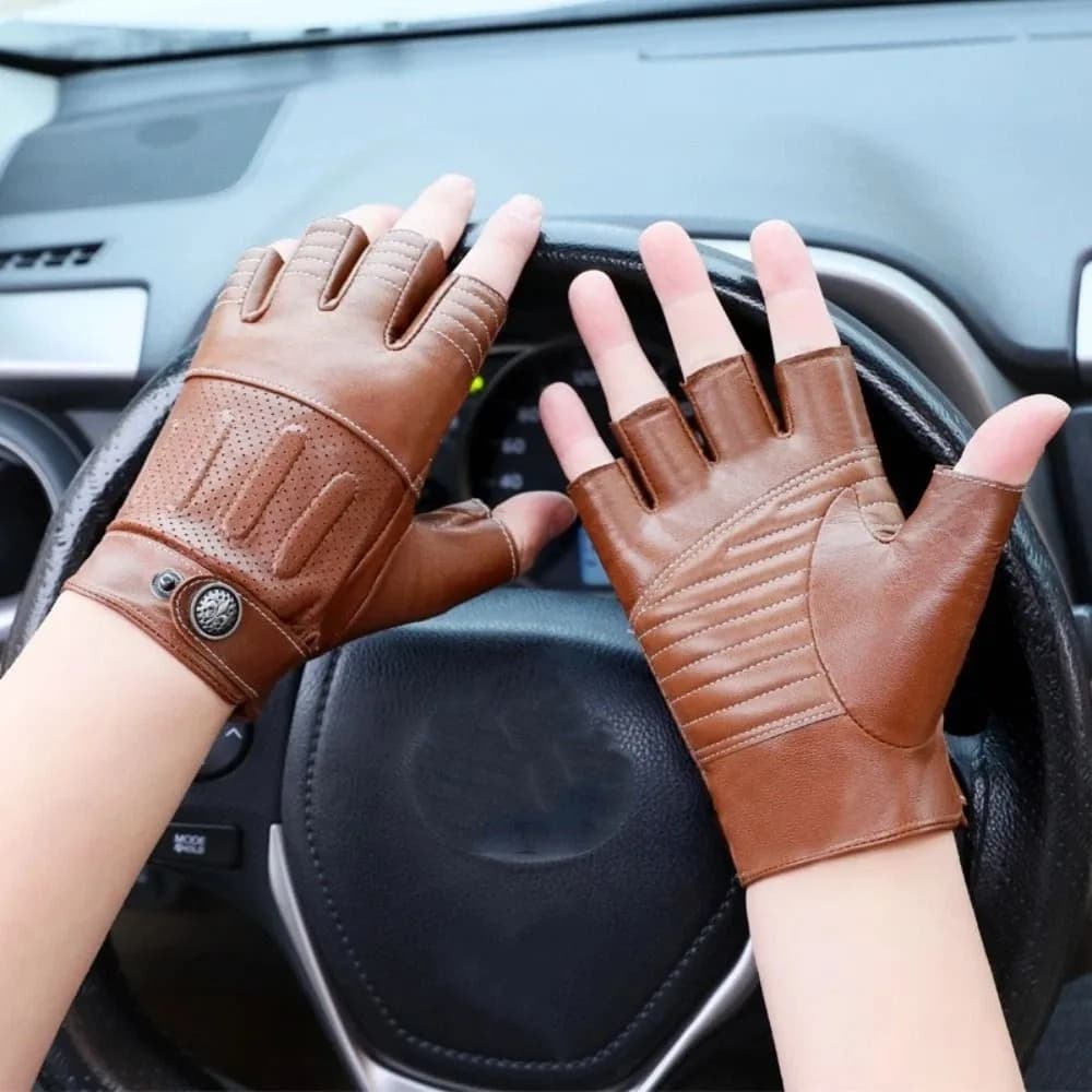 Genuine Sheepskin Leather Men's Vintage Gloves Soft Material Classic Retro Style Half Finger Gloves Durable Stitching