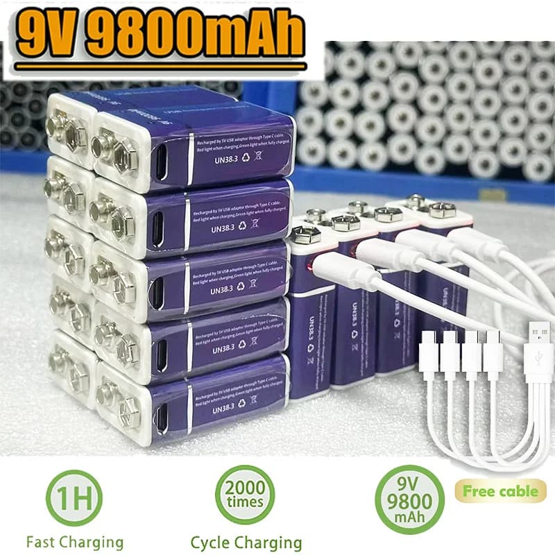 Batteria Ricaricabile Li-ion 9Volt PP3 6F22 con Ricarica Type-C ad Alta Capacità per Multimetro, Microfono, Rilevatore di Fumo, KTV e Giocattoli