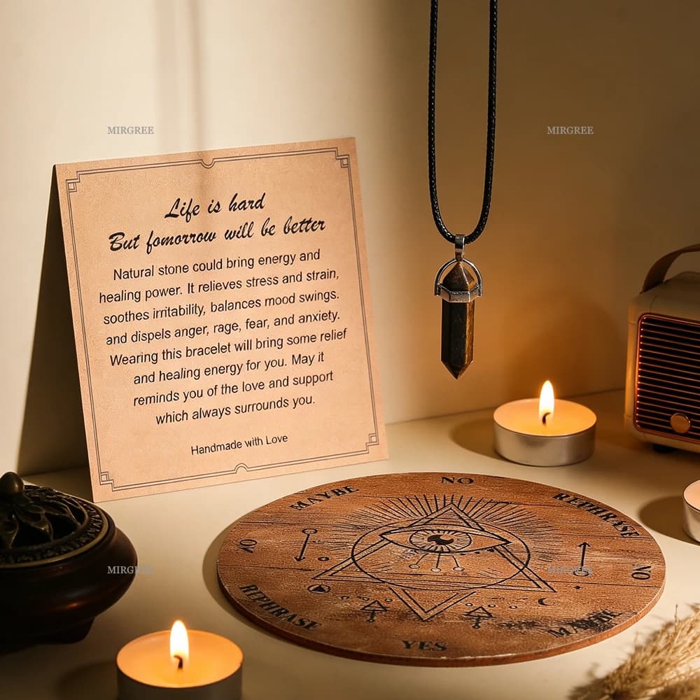 2 Pezzi Pendolo Spirituale in Pietra Naturale e Tavola per Pendolo Spirituale, con Carte, Adatto per Meditazione, Divinazione e Pratica