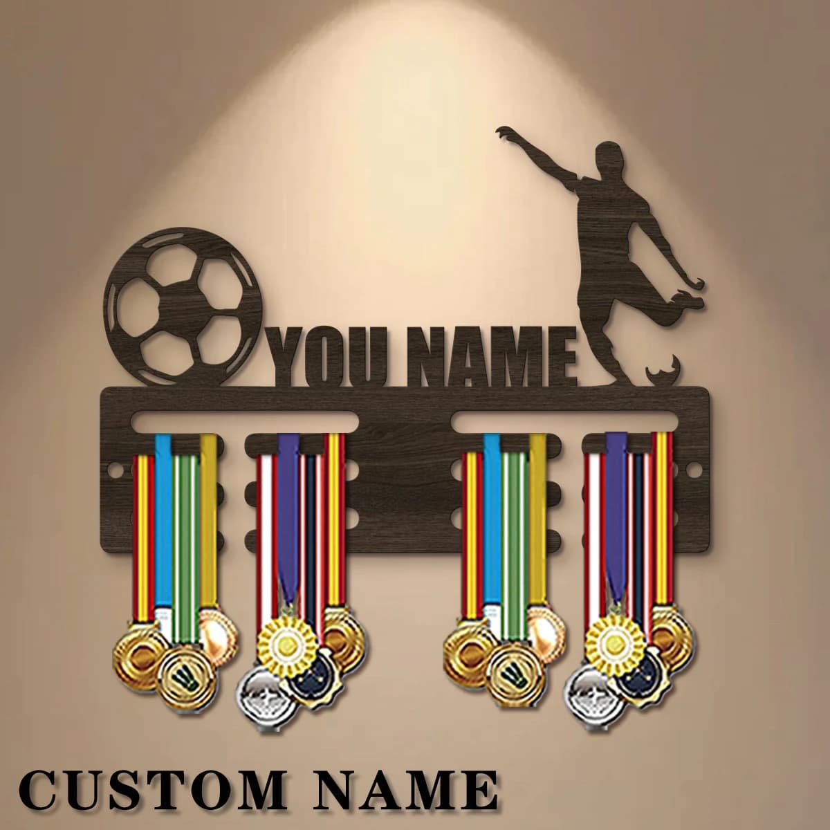 1pc Custom Football Wooden Medal Hanger,Personal Medal Display Rack for Athletes,Ideal Wedding Birthday Gift for Family Friends